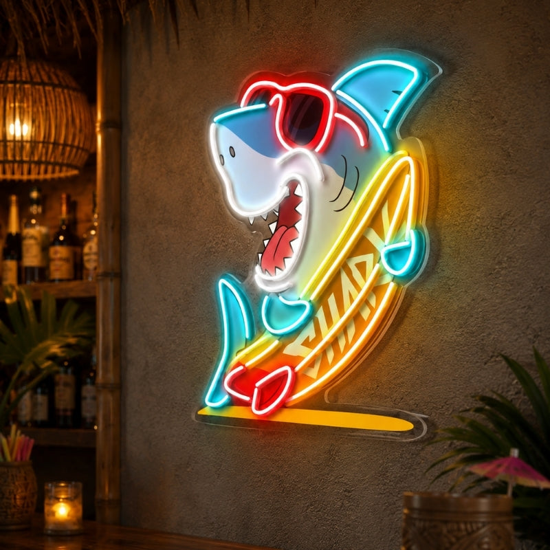 Tiki Bar Neon Sign Tropical - Surf Shark Wall Decor
