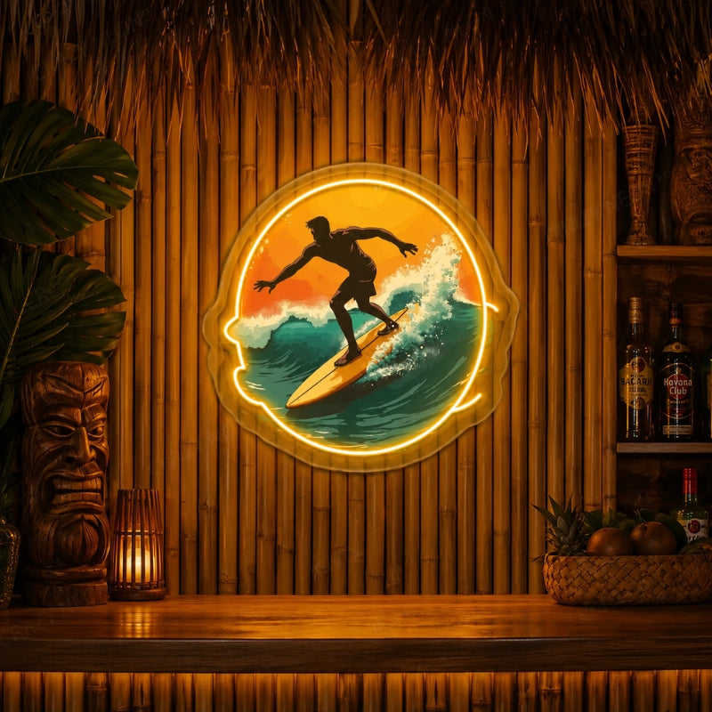 Tiki Bar Neon Sign Tropical - Surfer Wave Wall Decor