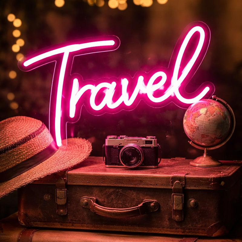 “Travel” Neon Sign – Pink Script LED Neon Light for Wanderlust Décor & Creative Spaces