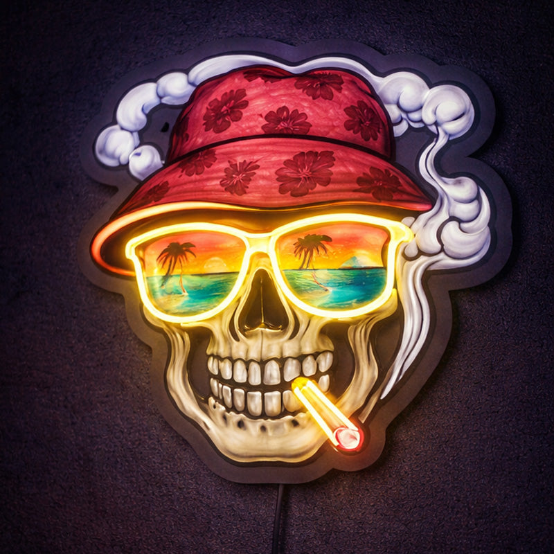 Tropical Skull Neon Sign – Beach Sunset LED Wall Art with Hat & Sunglasses
