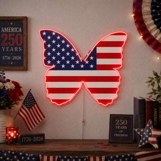 USA 250th Anniversary Neon Sign - Flag Butterfly Art