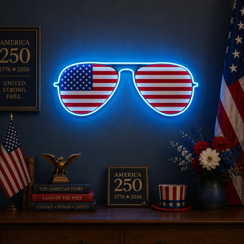 USA 250th Anniversary Neon Sign - Flag Glasses Art