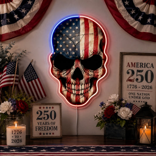 USA 250th Anniversary Neon Sign - Flag Skull Art