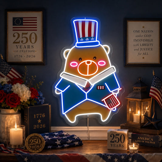 USA 250th Anniversary Neon Sign - Patriotic Bear Art