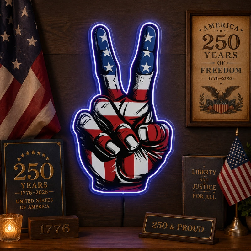 USA 250th Anniversary Neon Sign - Peace Hand Art