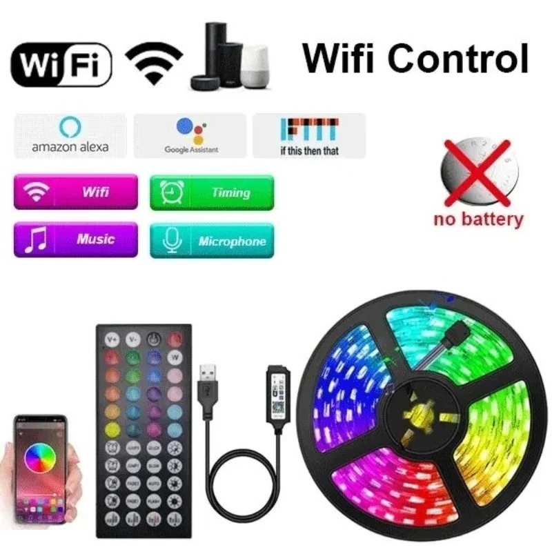 USB 5V RGB LED Strip Light (5050) with Bluetooth/WiFi App & Remote, 1–30M Room Backlight