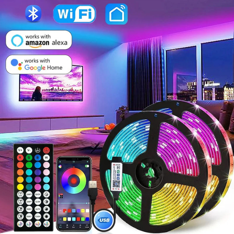 USB 5V RGB LED Strip Light (5050) with Bluetooth/WiFi App & Remote, 1–30M Room Backlight