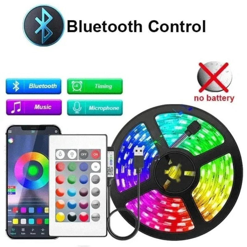 USB 5V RGB LED Strip Light (5050) with Bluetooth/WiFi App & Remote, 1–30M Room Backlight