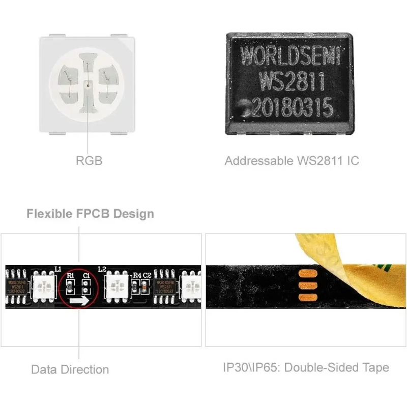 WS2812B RGBIC LED Strip Light USB 5V, Individually Addressable Smart Lights with Bluetooth Music Controller for Bedroom