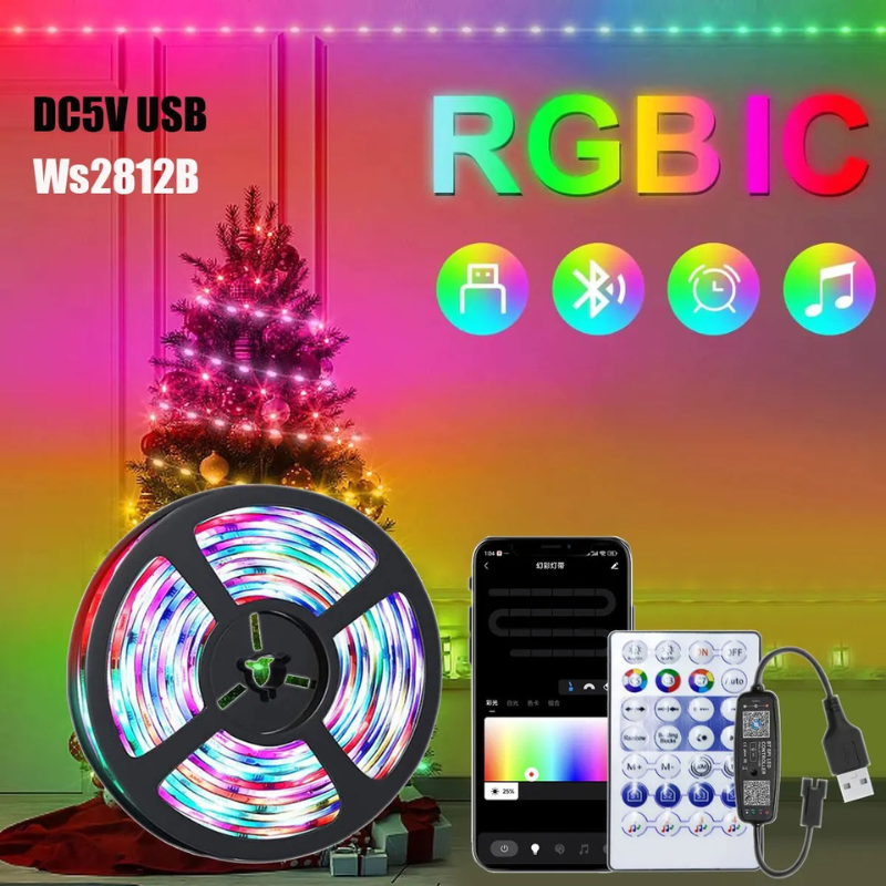 WS2812B RGBIC LED Strip Light USB 5V, Individually Addressable Smart Lights with Bluetooth Music Controller for Bedroom