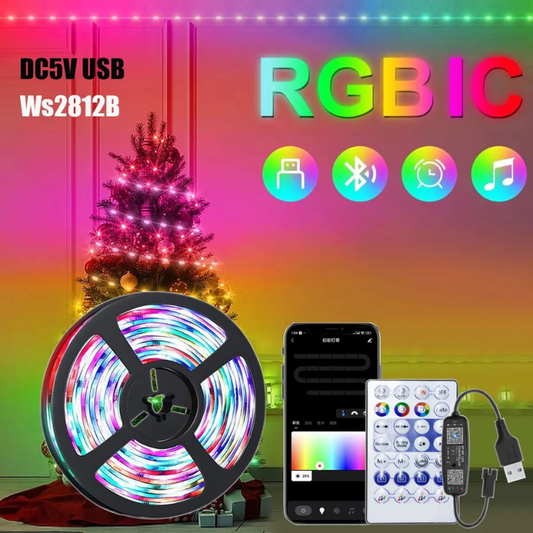 WS2812B RGBIC LED Strip Light USB 5V, Individually Addressable Smart Lights with Bluetooth Music Controller for Bedroom