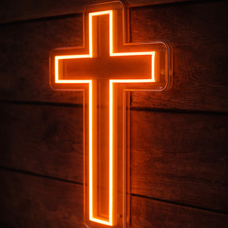 Warm Amber Cross Neon Sign – Minimalist Faith-Inspired LED Wall Light