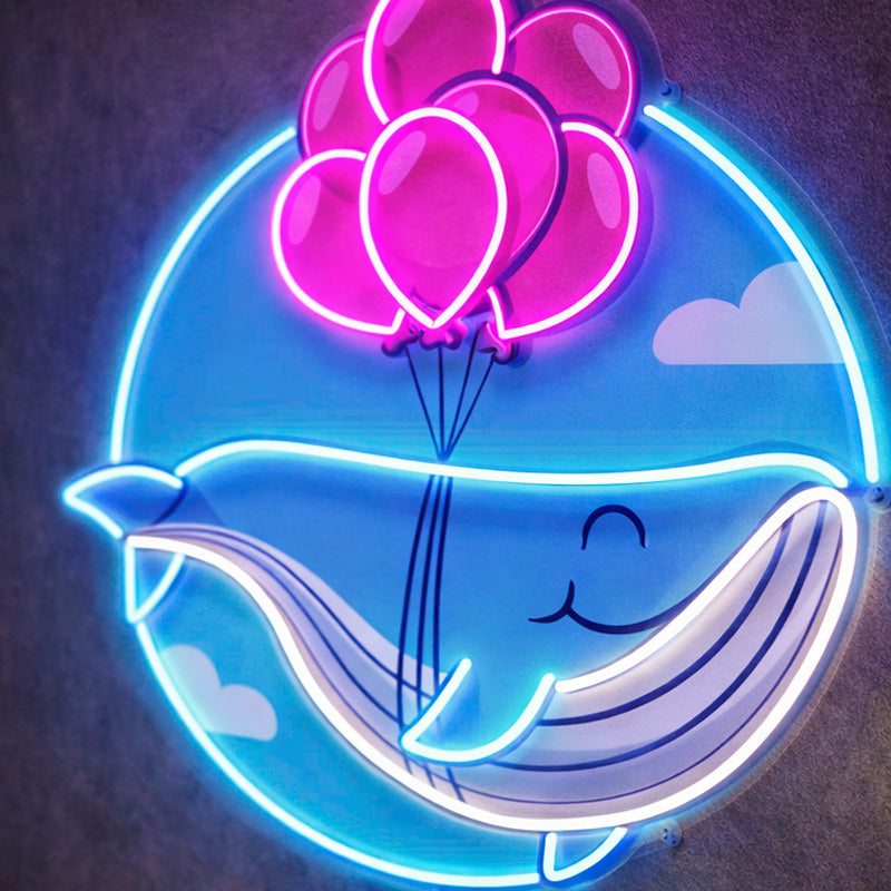 Whale with Balloons Neon Sign – Cute Blue LED Wall Light