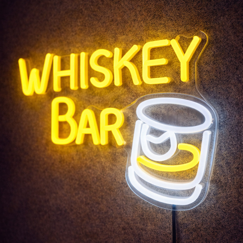 Whiskey Bar Neon Sign – Yellow & White LED Neon Wall Light for Bar, Pub & Home Decor