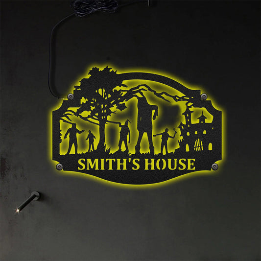 Zombie Rise Haunting House Personalized - Led Light Metal - Owls Matrix LTD