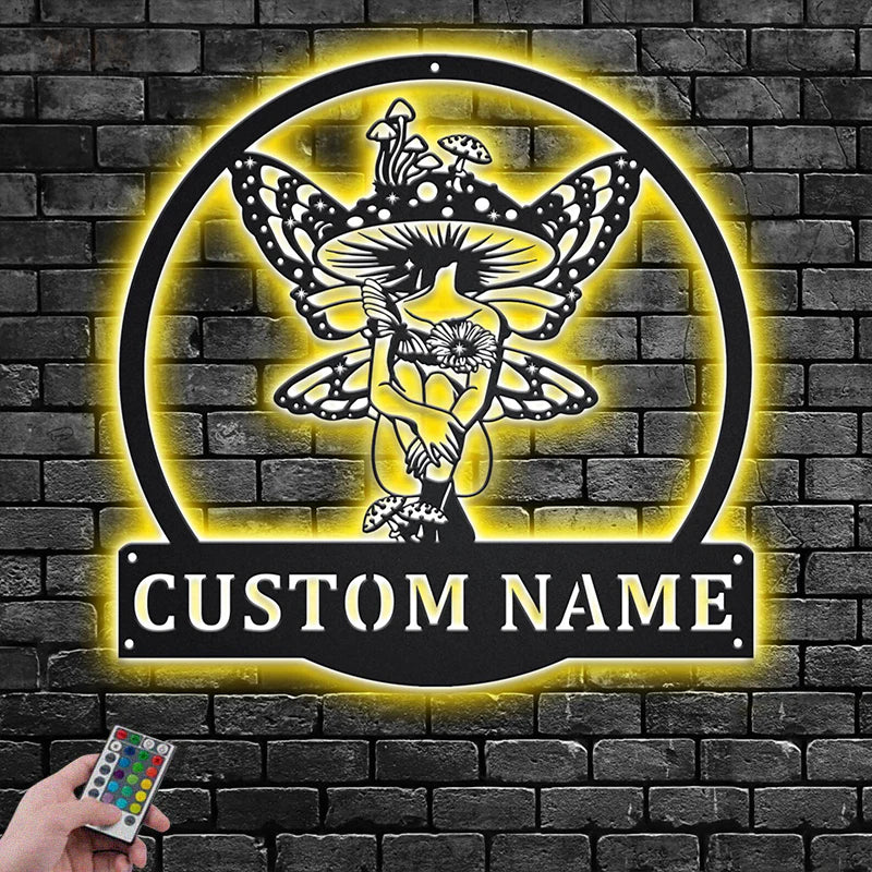 Custom Name Mystical Mushroom Woman Metal Sign Wall Art With RGB Led Lights