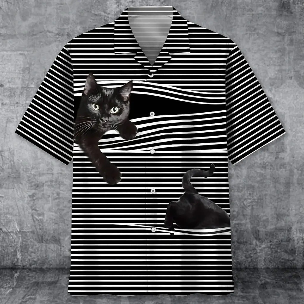 Black Cat Stripes Pattern Hawaiian Shirt