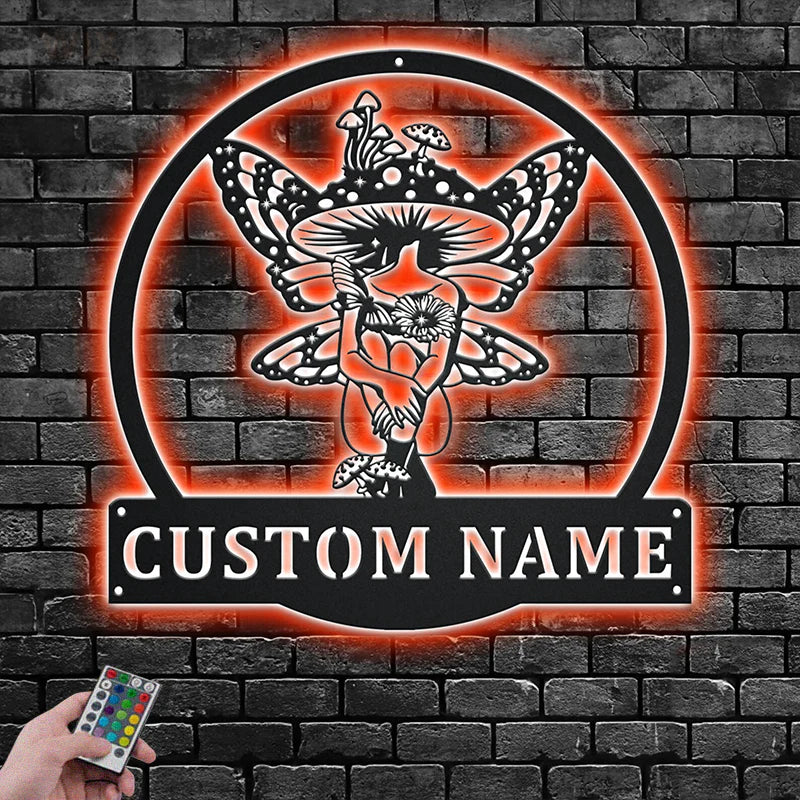 Custom Name Mystical Mushroom Woman Metal Sign Wall Art With RGB Led Lights