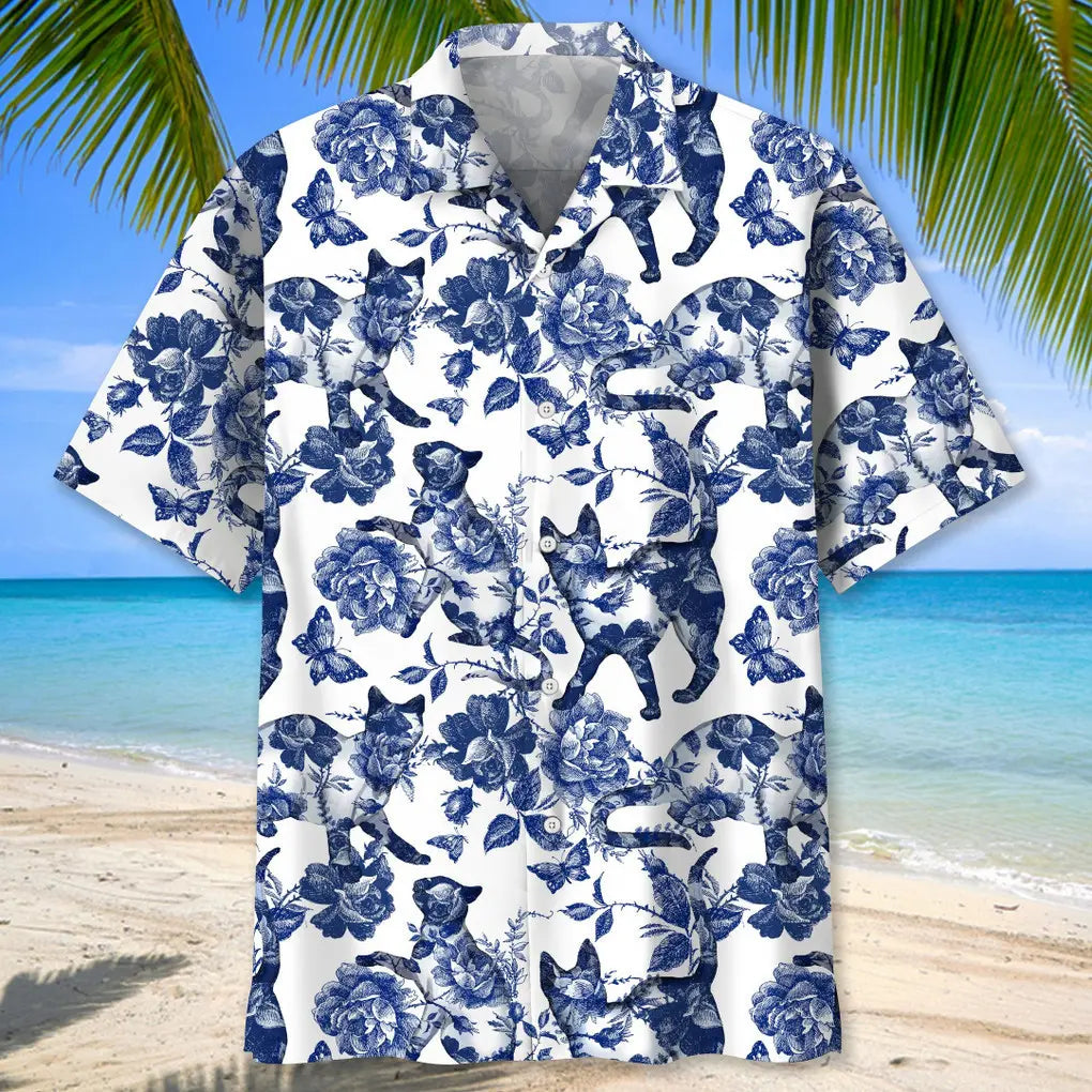 Cats Blue Flower Hawaiian Shirt