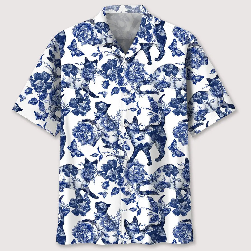 Hawaiian Shirt / Adults / S Cats Blue Flower Hawaiian Shirt