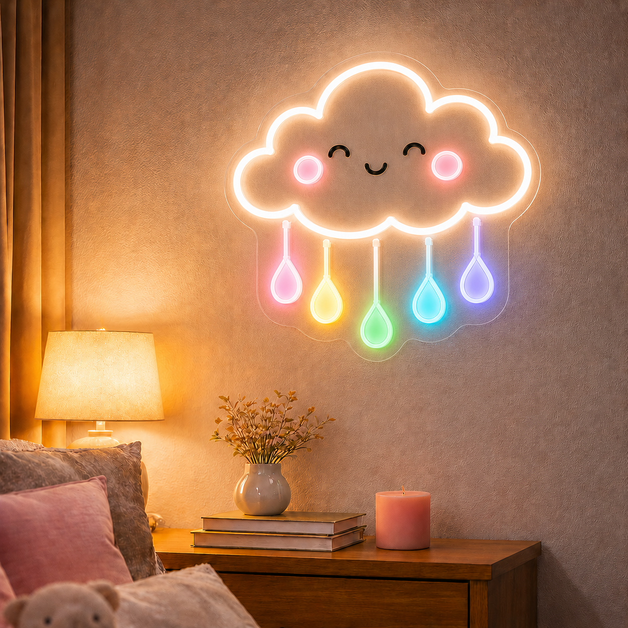 Cute Smiling Cloud Neon Sign with Rainbow Raindrops – LED Wall Light for Kids Bedroom & Nursery