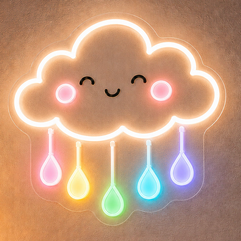 Cute Smiling Cloud Neon Sign with Rainbow Raindrops – LED Wall Light for Kids Bedroom & Nursery