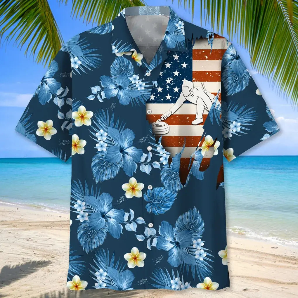 Curling Usa Blue Tropical Hawaiian Shirt