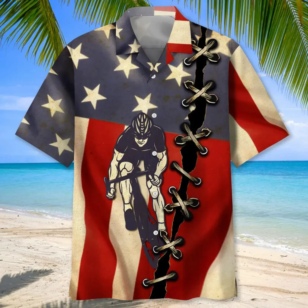Cycling America Flag Hawaiian Shirt