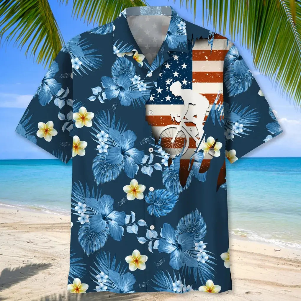 Cycling Usa Blue Tropical Hawaiian Shirt