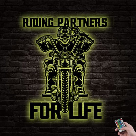 12"x12" Motocross Skull Biker Couples Riding Partners For Life - Led Light Metal - Owls Matrix LTD