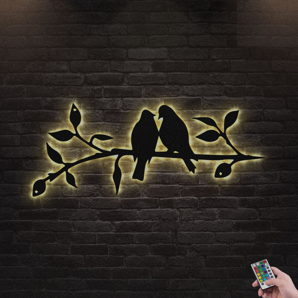 12"x12" Love Birds Tree Art Bird Couple - Led Light Metal - Owls Matrix LTD