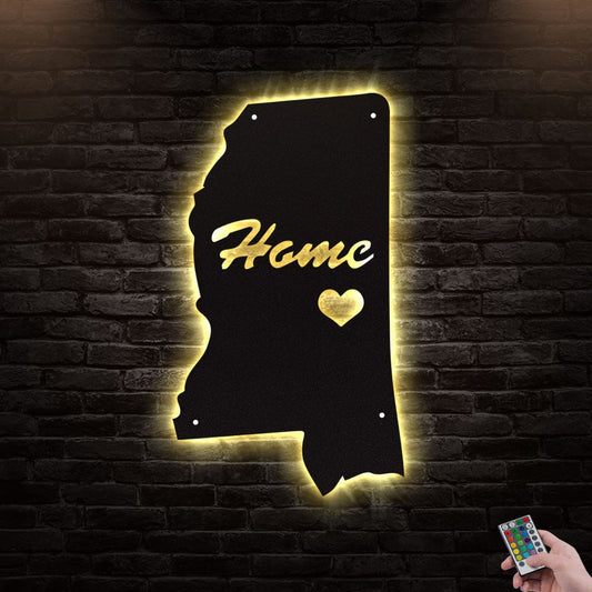 12"x12" Mississippi Home Is Home - Led Light Metal - Owls Matrix LTD