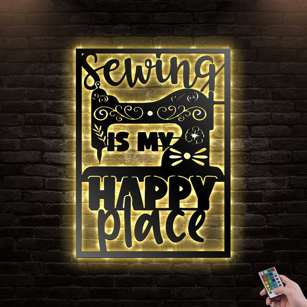 12"x12" Sewing Is My Happy Place - Led Light Metal - Owls Matrix LTD