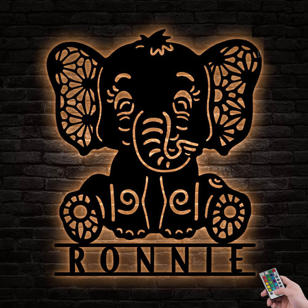 12"x12" Elephant Cute Style Personalized - Led Light Metal - Owls Matrix LTD
