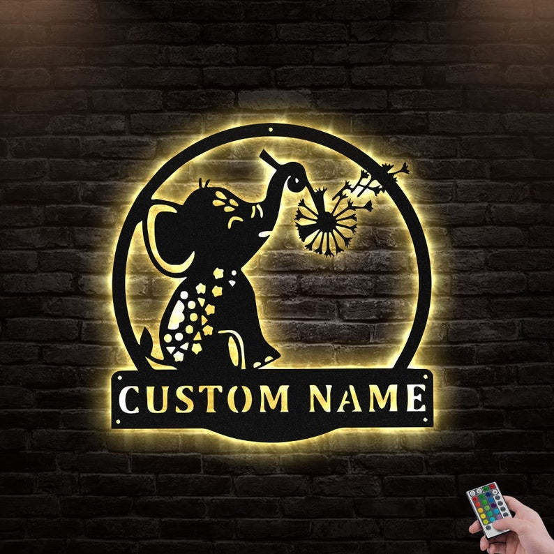 12"x12" Cute Elephant With Dandelion Personalized - Led Light Metal - Owls Matrix LTD