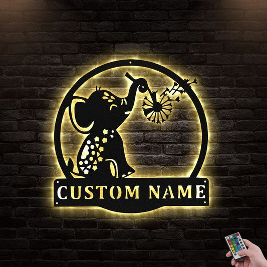 12"x12" Cute Elephant With Dandelion Personalized - Led Light Metal - Owls Matrix LTD