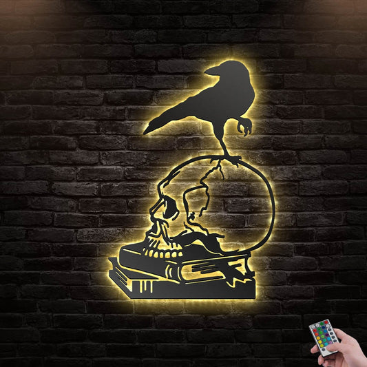 12"x12" Skull Raven On Skull Crow Skeleton - Led Light Metal - Owls Matrix LTD