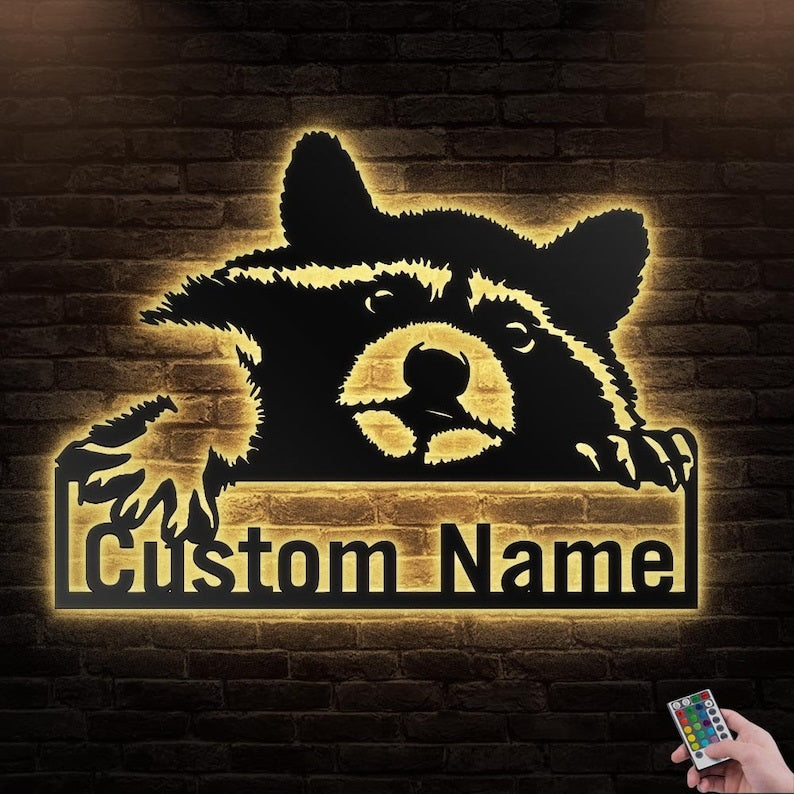 12"x12" Paw Raccoon Personalized - Led Light Metal - Owls Matrix LTD