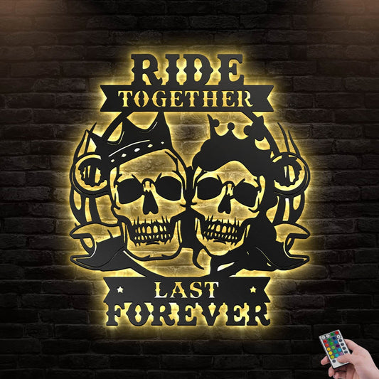 12"x12" Skull Biker Couple Ride Together Last Forever Motorcycle - Led Light Metal - Owls Matrix LTD