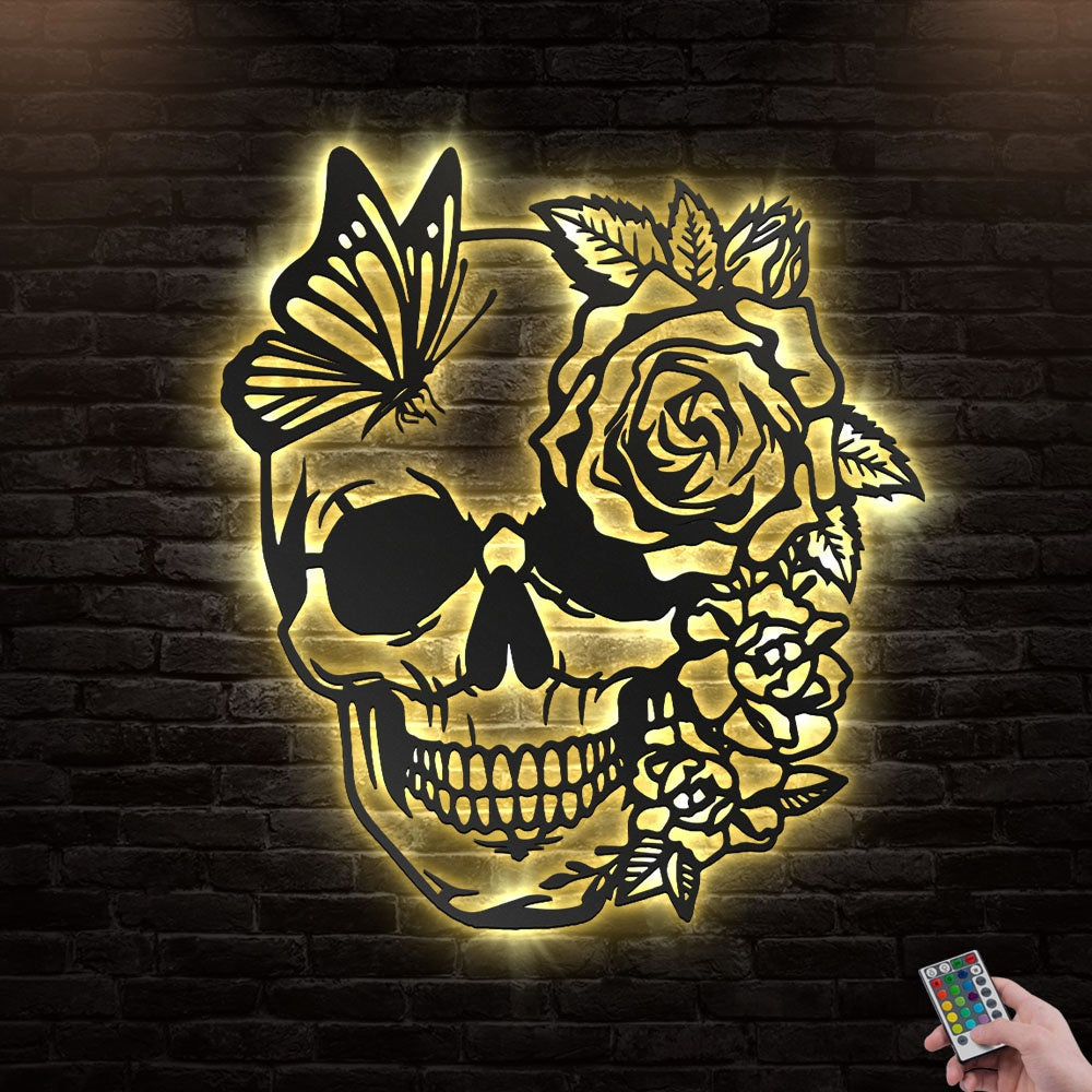 12"x12" Skull Flower Butterfly Style - Led Light Metal - Owls Matrix LTD