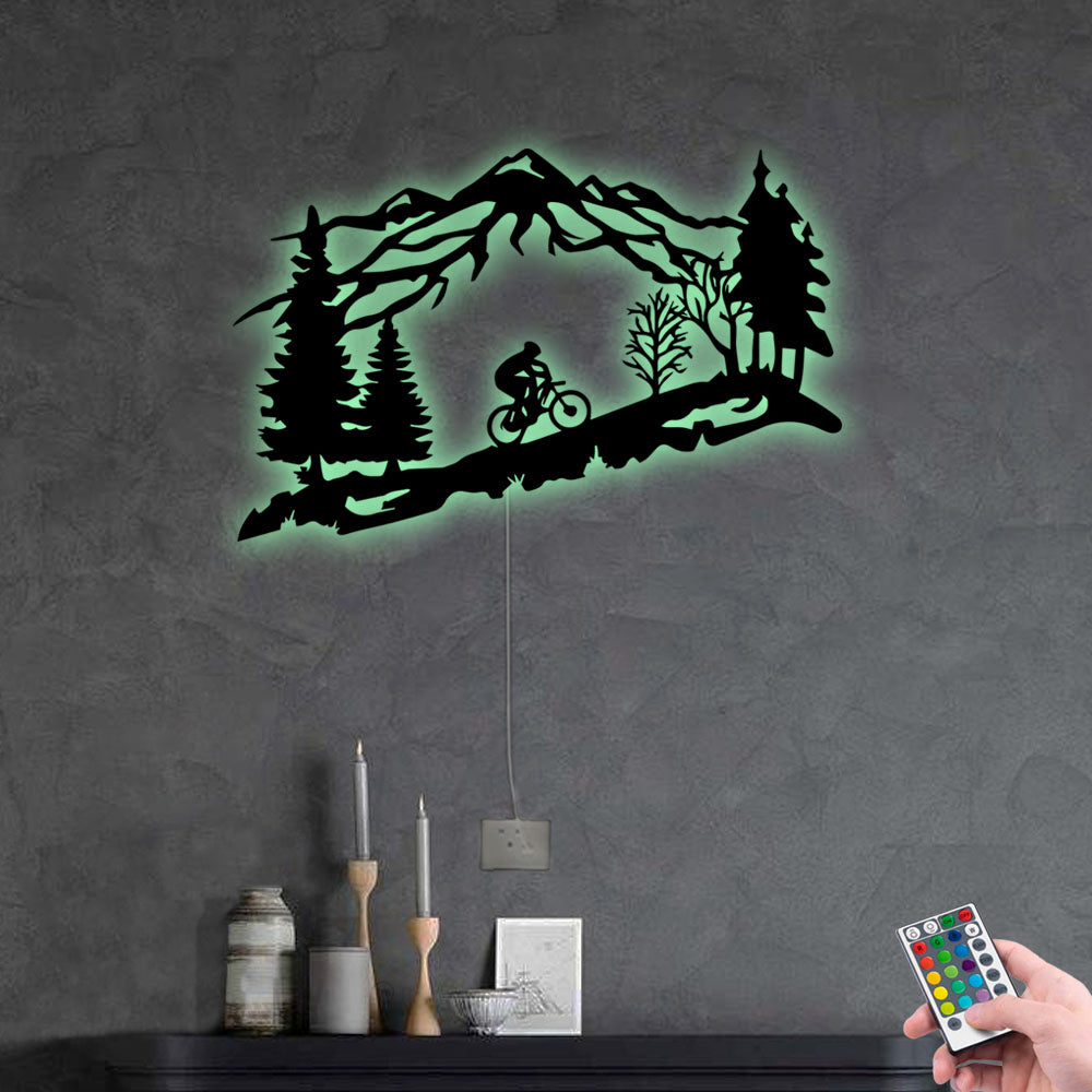 Biker Mountain Tree And Cyclist - Led Light Metal - Owls Matrix LTD