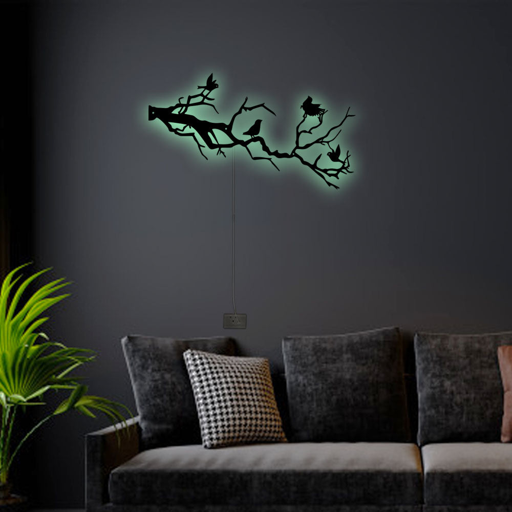 12"x12" Birds Flying Near The Branch - Led Light Metal - Owls Matrix LTD