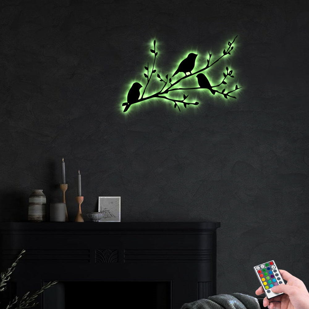 12"x12" Birds On Branch I Love There - Led Light Metal - Owls Matrix LTD