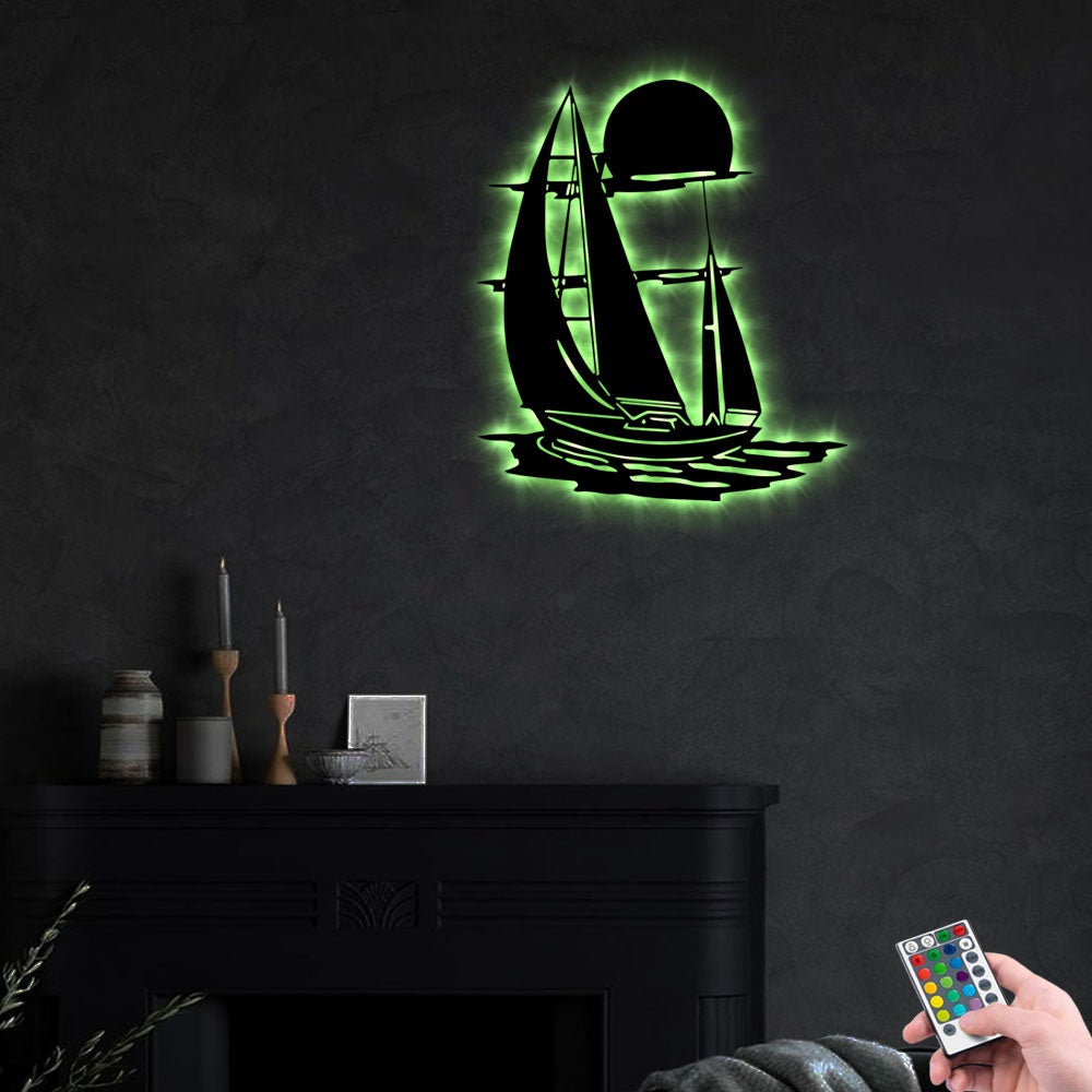 12"x12" Boat On The Ocean - Led Light Metal - Owls Matrix LTD