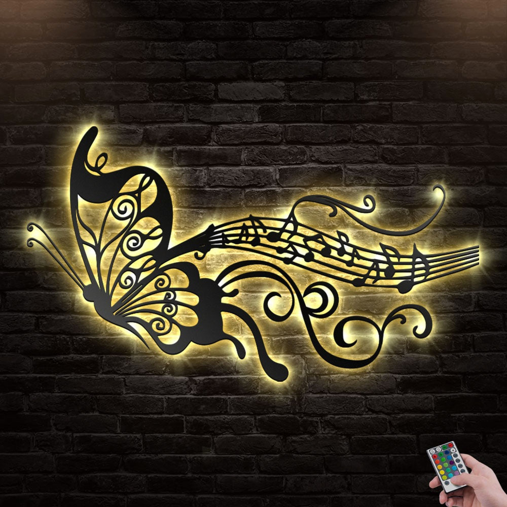 12"x12" Butterfly And Music Flies - Led Light Metal - Owls Matrix LTD