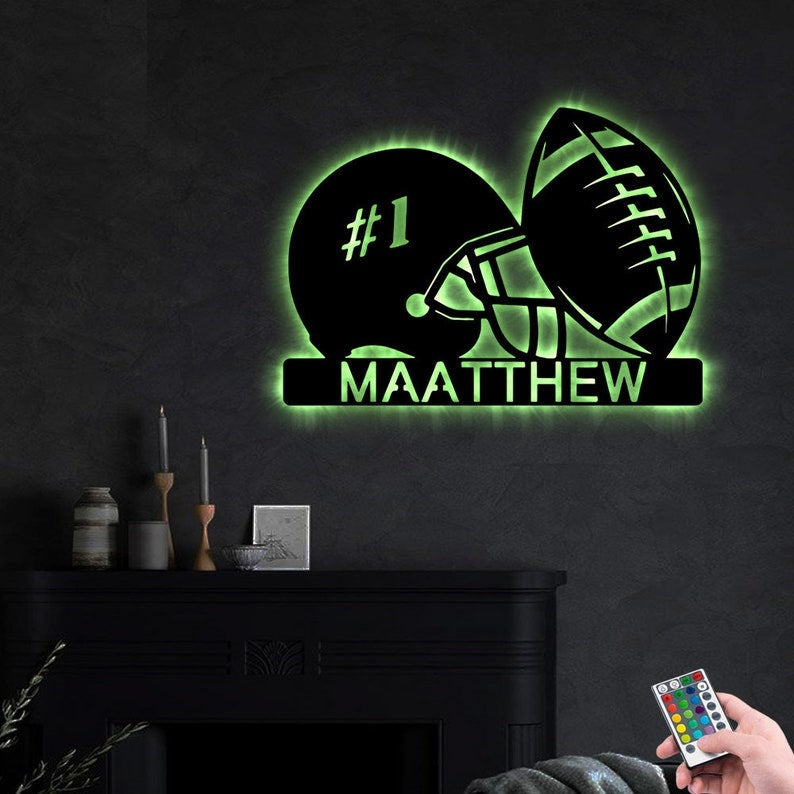 12"x12" American Football And Helmet Personalized - Led Light Metal - Owls Matrix LTD