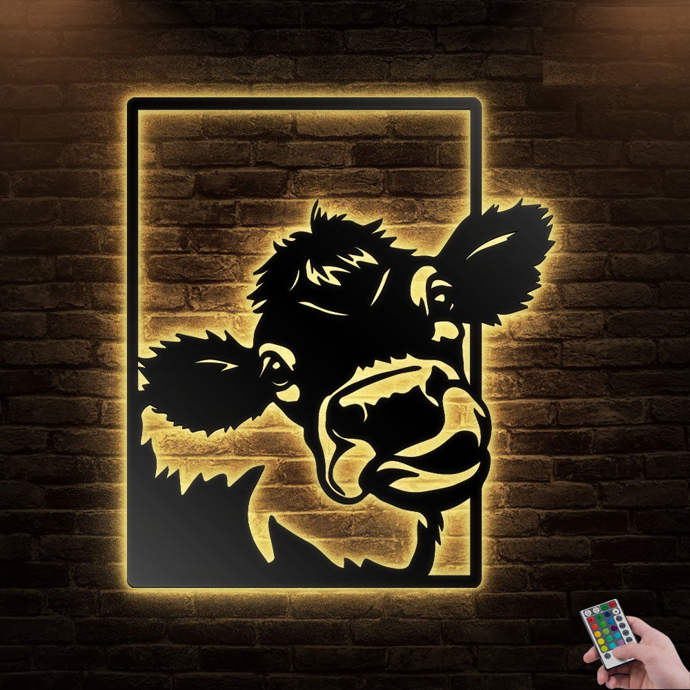 12"x12" Cow Farm Animal Funny Face - Led Light Metal - Owls Matrix LTD