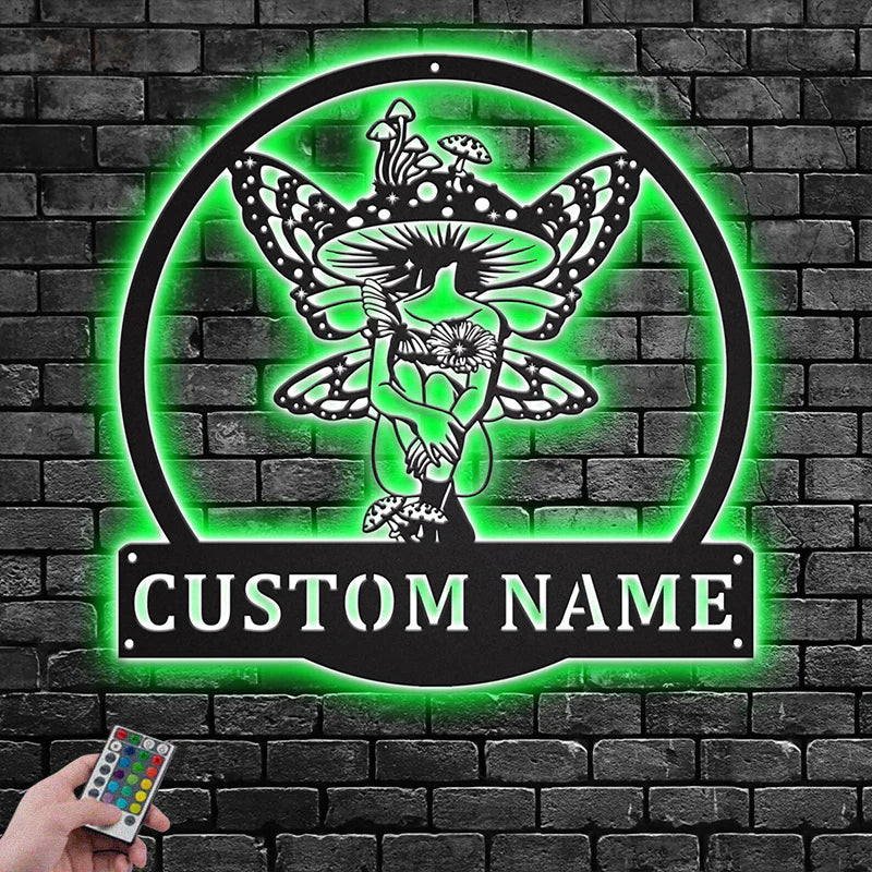 Custom Name Mystical Mushroom Woman Metal Sign Wall Art With RGB Led Lights