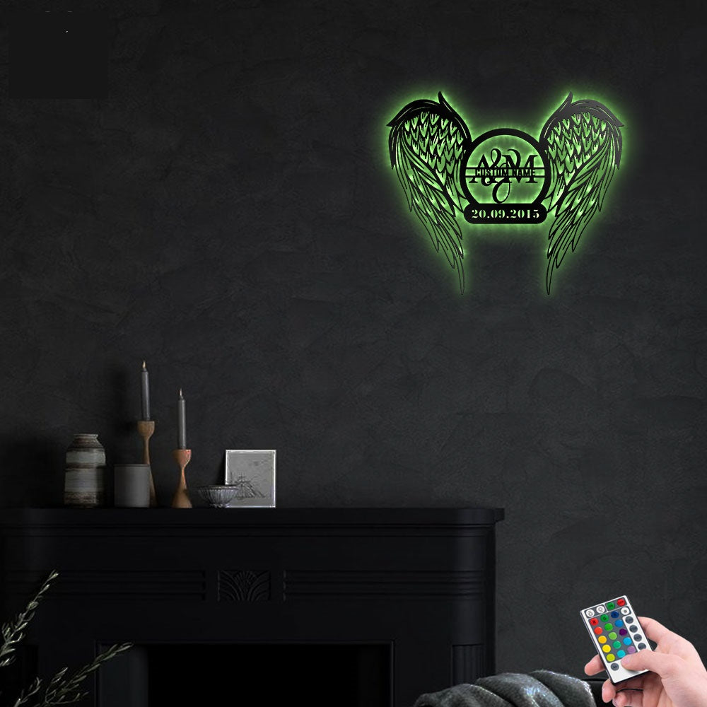 12"x12" Angel Wings Couple Family Name Date Personalized - Led Light Metal - Owls Matrix LTD