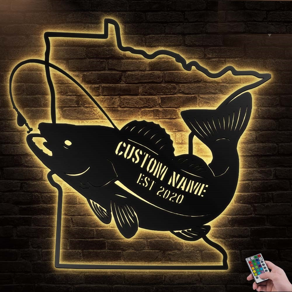 12"x12" Fishing Bass Fishing Minnesota Sate Personalized - Led Light Metal - Owls Matrix LTD